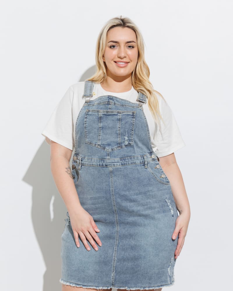Denim overall mini dress deals